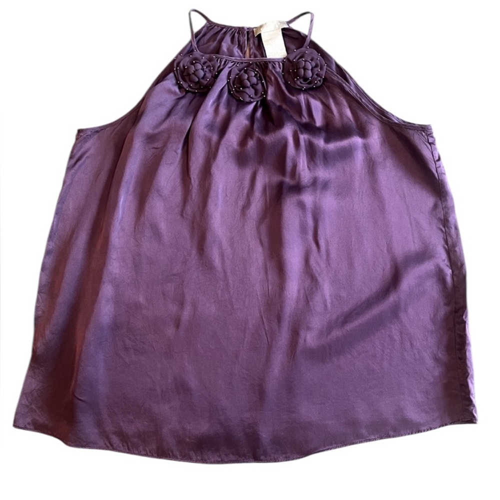 Kenar Silk Sleeveless Blouse |‎ Deep Purple with Floral Neckline | Size Large